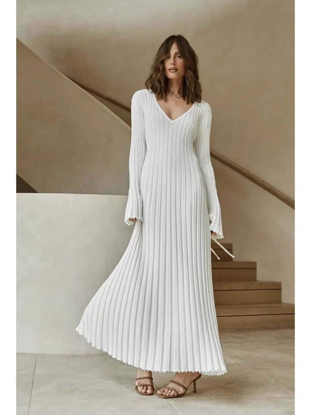 DISSH Reign Sleeve Knit Maxi Dress White Ivory V-neck Minimalist Large